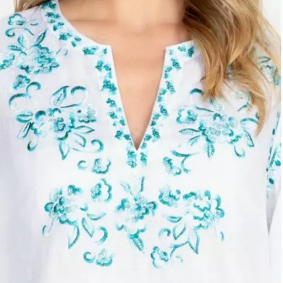 Women's NWT Johnny Was Marie White &Turquoise Tunic Beach coverup Sz Large - Picture 5 of 5
